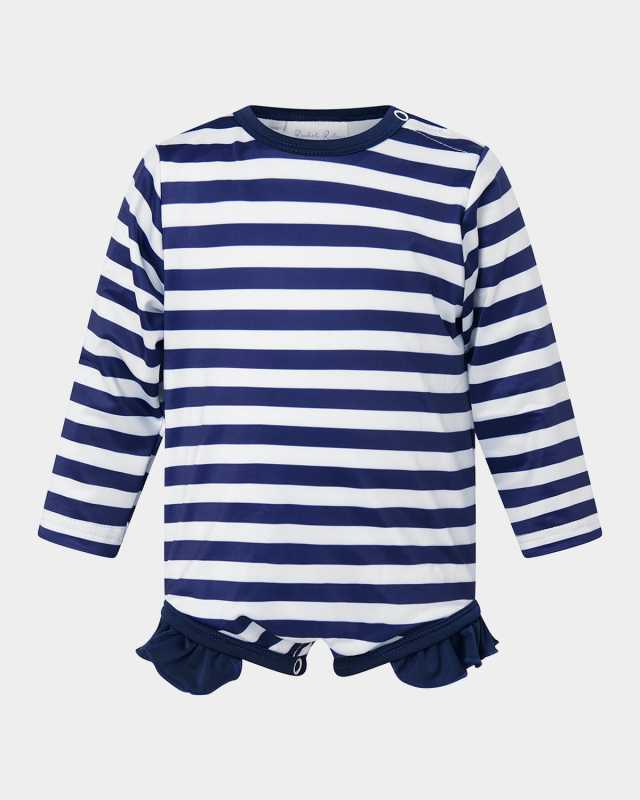 Girl's Breton Stripe Frill Rashguard One-Piece Swimsuit, Size 6M-24